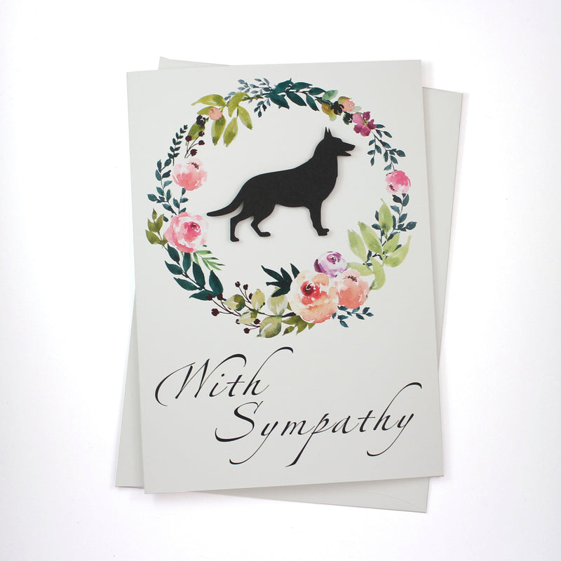 German Shepherd Floral Wreath Sympathy Card | GSD Black Dog Sympathy Greeting | Handmade 5x7 Pet Condolences Greeting Card | Kraft or White