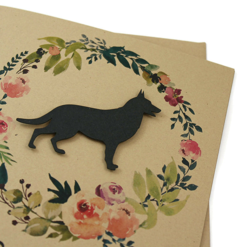German Shepherd Floral Wreath Sympathy Card | GSD Black Dog Sympathy Greeting | Handmade 5x7 Pet Condolences Greeting Card | Kraft or White