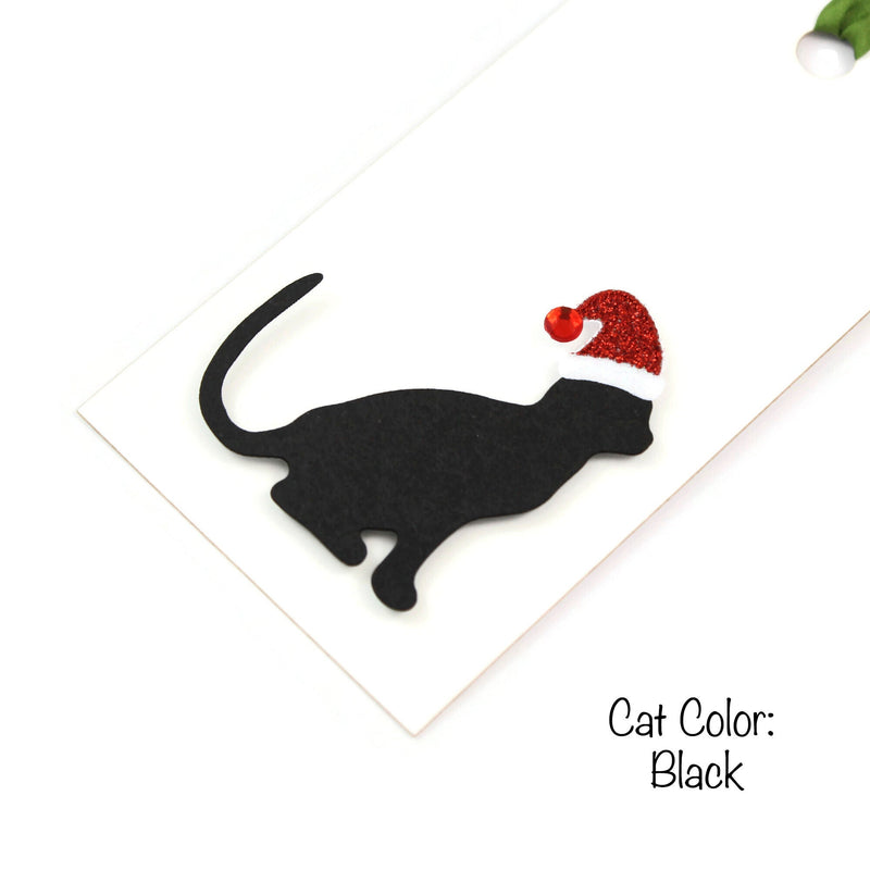 Cat Christmas Gift Tags | Handmade Pet Holiday Tags Pack of 6 | 25 Cat Colors | 6 Ribbon Twine Options | Cat with Santa Hat | White or Brown