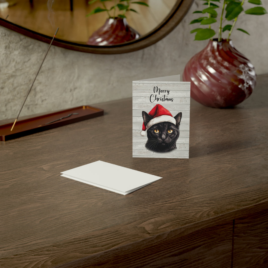 Black Cat Greeting Cards | Cute Kitty with Santa Hat | Multiple Sizes and Quantities | Merry Christmas Blank Inside