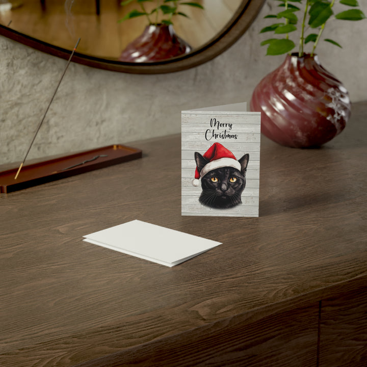 Black Cat Greeting Cards | Cute Kitty with Santa Hat | Multiple Sizes and Quantities | Merry Christmas Blank Inside