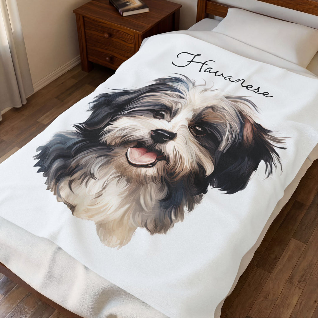 Black and White Havanese Dog Velveteen Plush Blanket | Cozy Throw - Embellish by Jackie - Handmade Greeting Cards