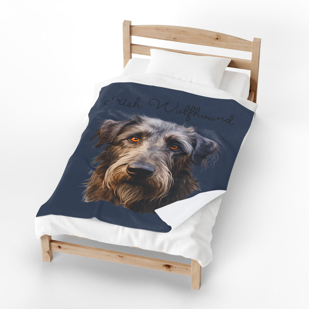 Irish Wolfhound Portrait Velveteen Plush Blanket | Gray Blue Background