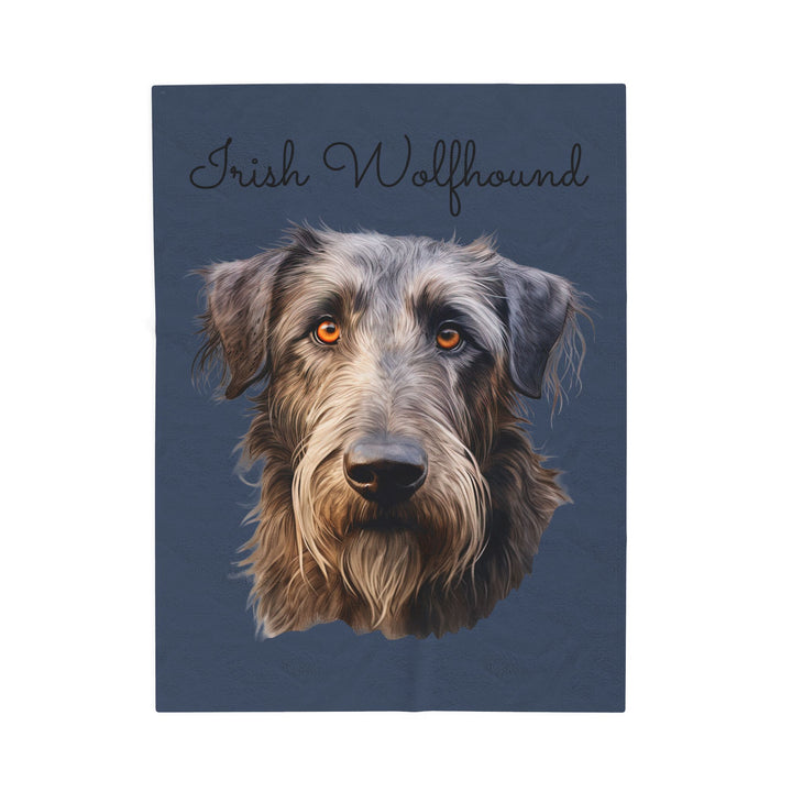 Irish Wolfhound Portrait Velveteen Plush Blanket | Gray Blue Background