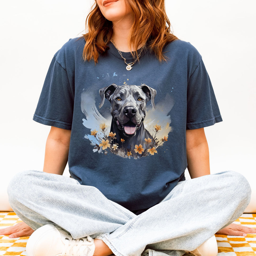 Great Dane Portrait T-shirt | Dog Face with Floral Accents