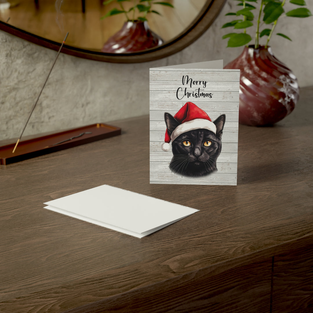 Black Cat Greeting Cards | Cute Kitty with Santa Hat | Multiple Sizes and Quantities | Merry Christmas Blank Inside