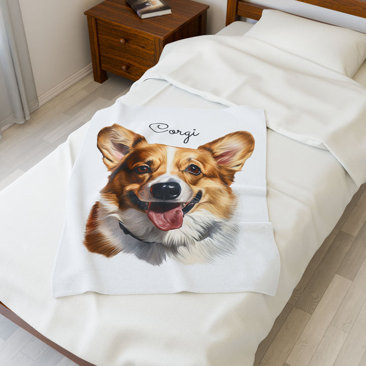Corgi Velveteen Plush Blanket with White Background - 3 Sizes available cozy throw dog lover - Pet mom gift - Pembroke Welsh Corgi