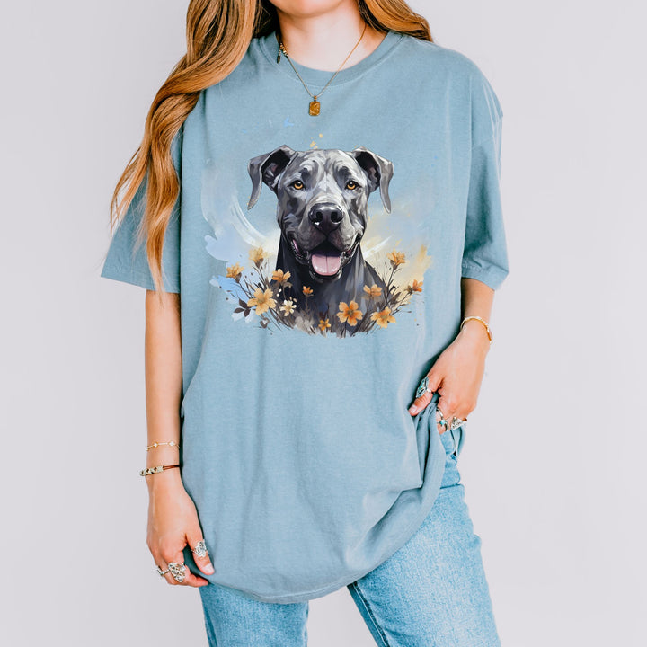 Great Dane Portrait T-shirt | Dog Face with Floral Accents