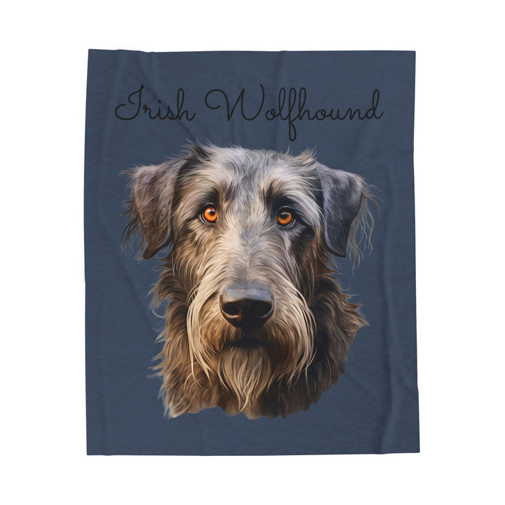 Irish Wolfhound Portrait Velveteen Plush Blanket | Gray Blue Background