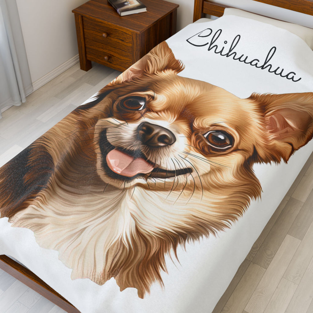 Chihuahua Velveteen Plush Blanket with White Background - 3 Sizes available cozy throw dog lover - Fawn Gold Smooth Coat Chihuahua