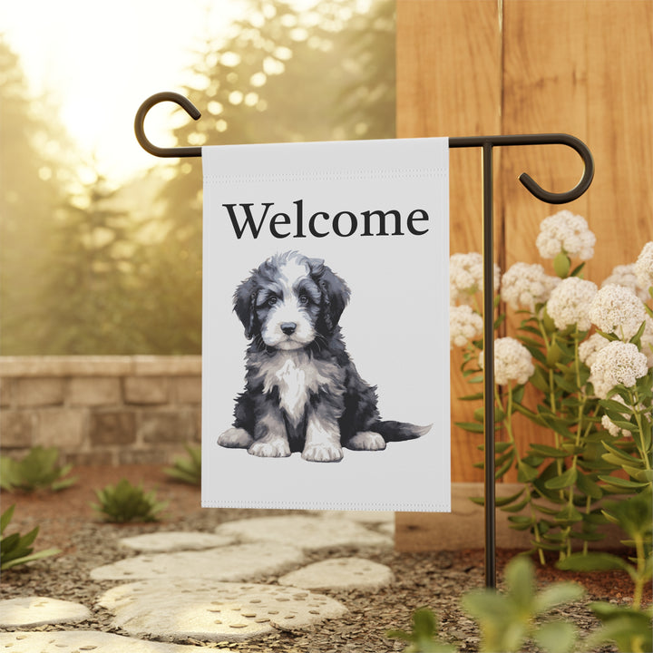 Sheepie Puppy - Garden Banner Flag - Cute Watercolor Dog themed - Sheepadoodle Old English Sheepdog