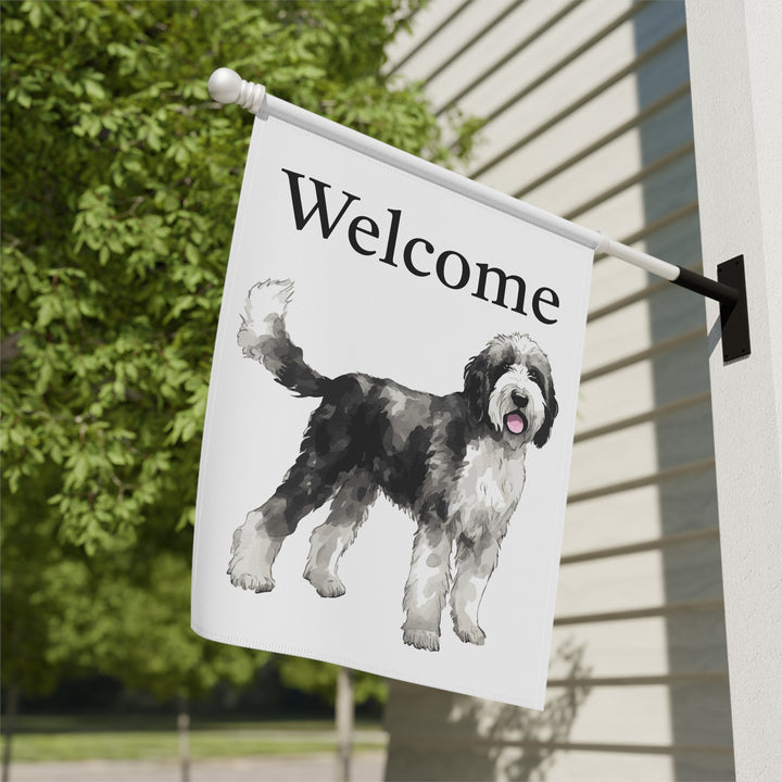 Sheepadoodle Black and White - Welcome - House Banner Flag - Decor For Dog Lovers - Sheepie