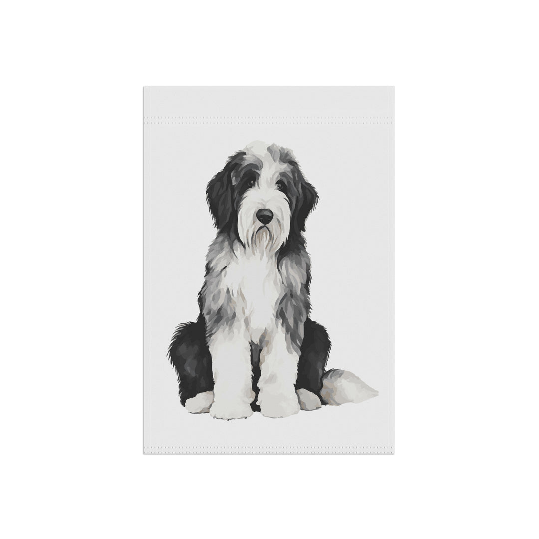 Sitting Sheepie Black and White Sheepadoodle - Garden Banner Flag - Cute Watercolor Dog themed - Old English Sheepdog