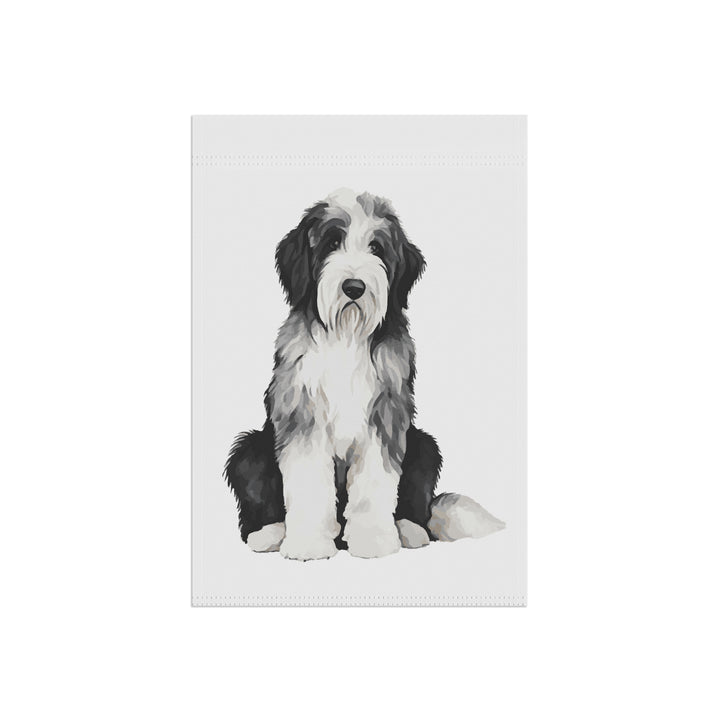 Sitting Sheepie Black and White Sheepadoodle - Garden Banner Flag - Cute Watercolor Dog themed - Old English Sheepdog