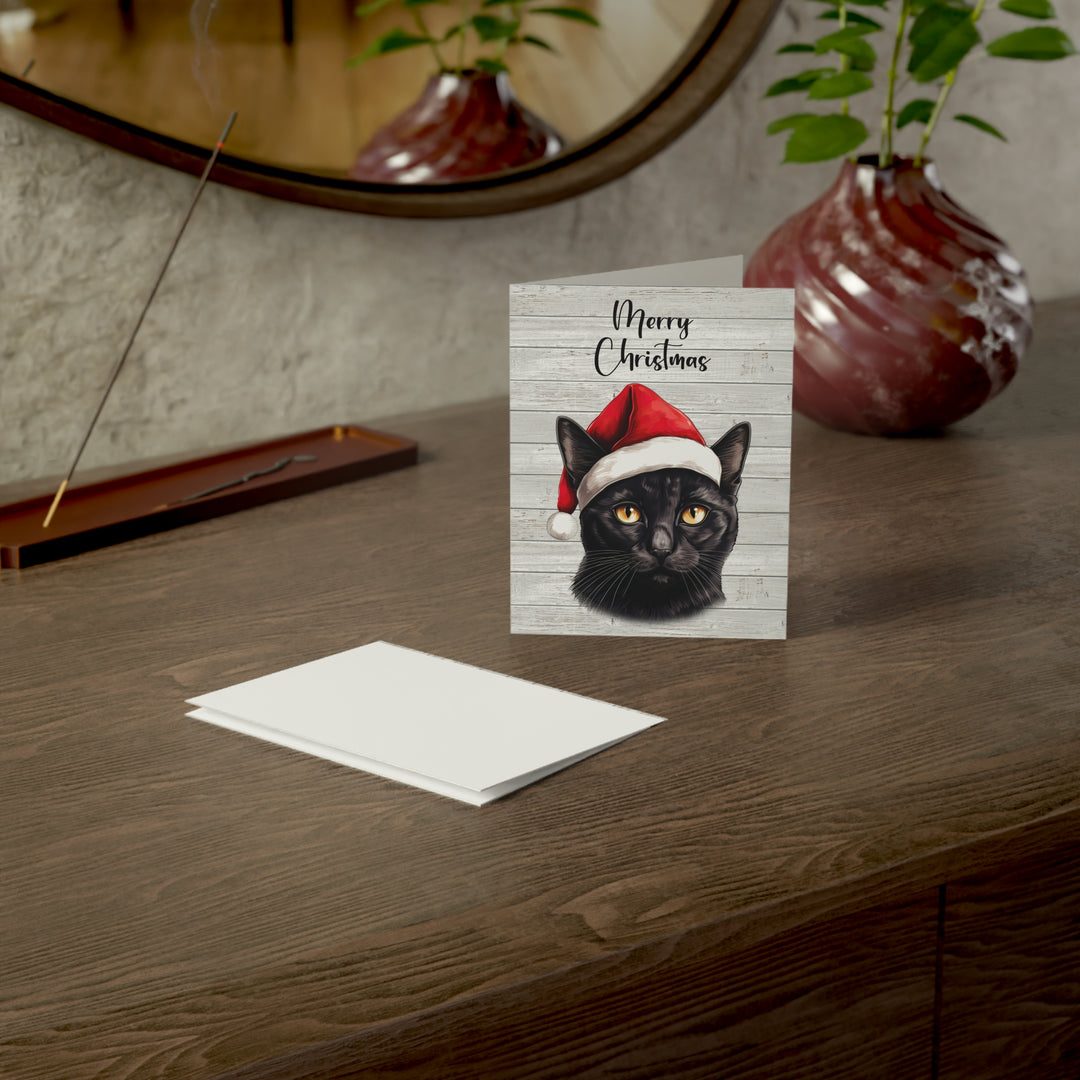Black Cat Greeting Cards | Cute Kitty with Santa Hat | Multiple Sizes and Quantities | Merry Christmas Blank Inside