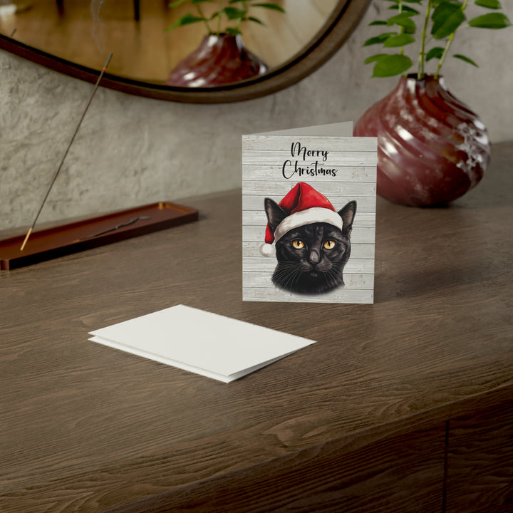 Black Cat Greeting Cards | Cute Kitty with Santa Hat | Multiple Sizes and Quantities | Merry Christmas Blank Inside