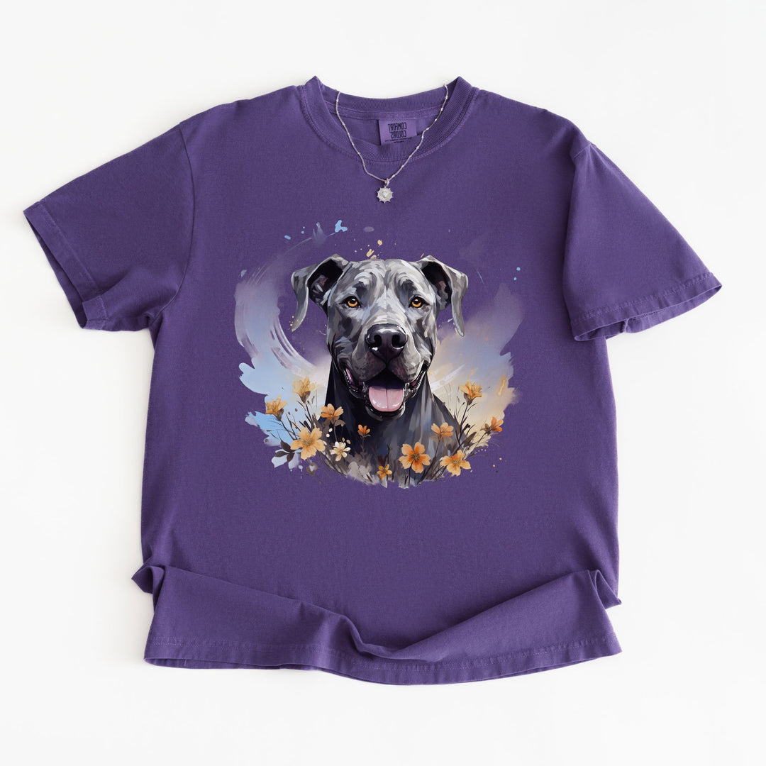 Great Dane Portrait T-shirt | Dog Face with Floral Accents