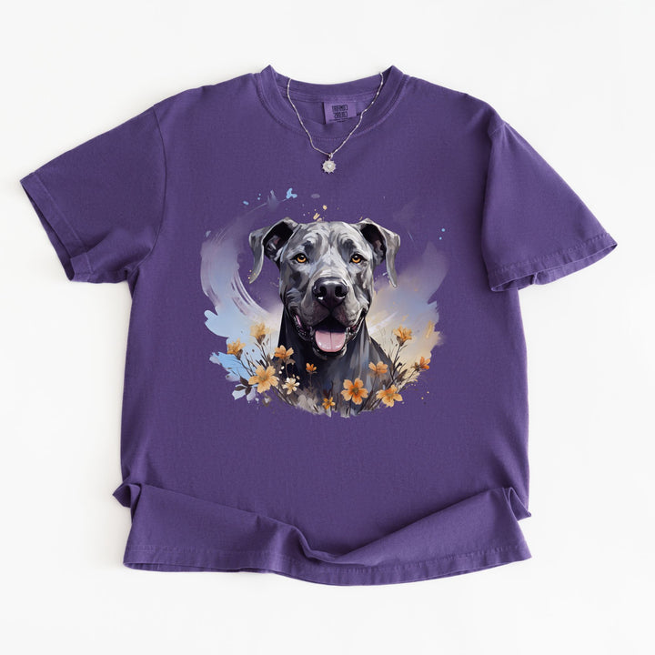 Great Dane Portrait T-shirt | Dog Face with Floral Accents