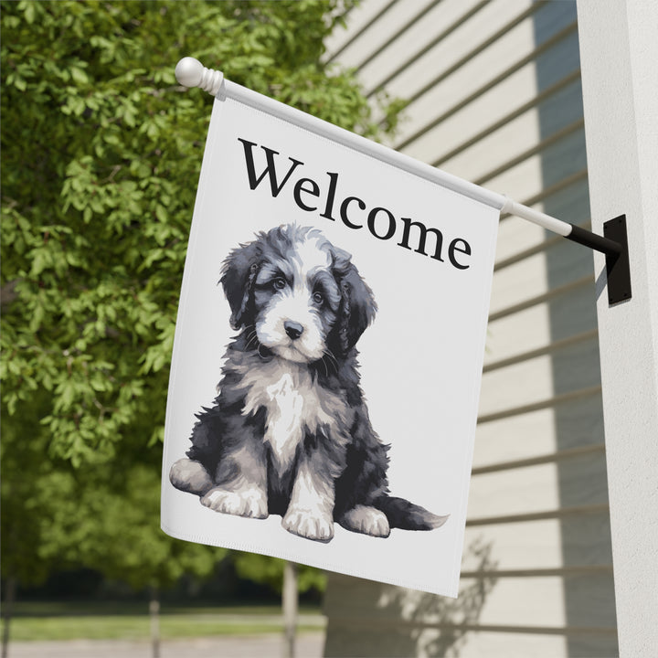 Sheepie Welcome House Banner Flag - Black and White Sheepadoodle Puppy