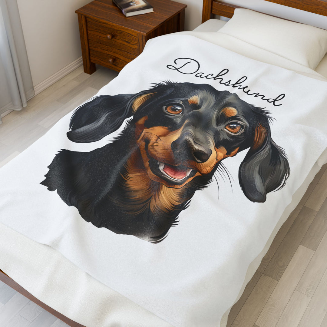 Dachshund Velveteen Plush Blanket with White Background - 3 Sizes available cozy throw dog lover - Smooth Dachshund