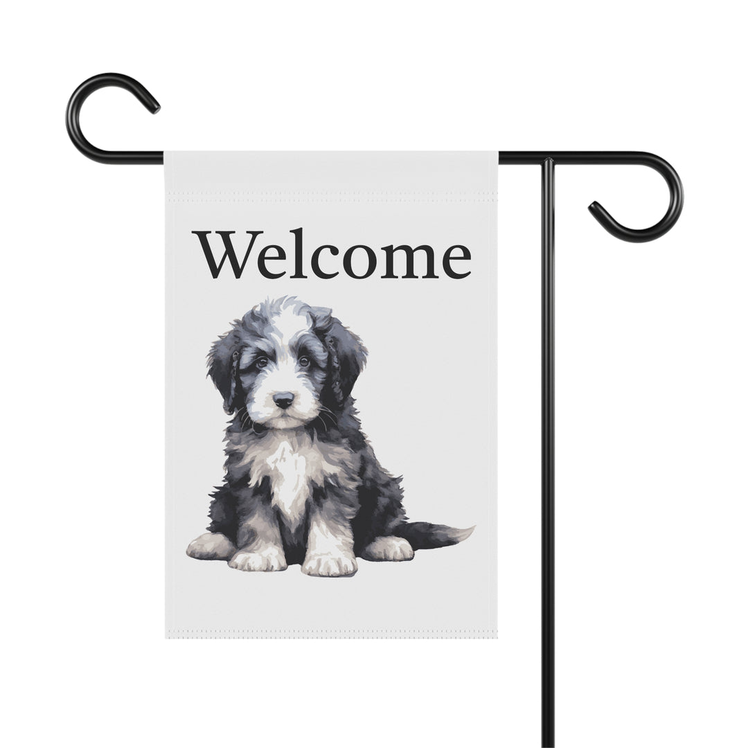 Sheepie Puppy - Garden Banner Flag - Cute Watercolor Dog themed - Sheepadoodle Old English Sheepdog