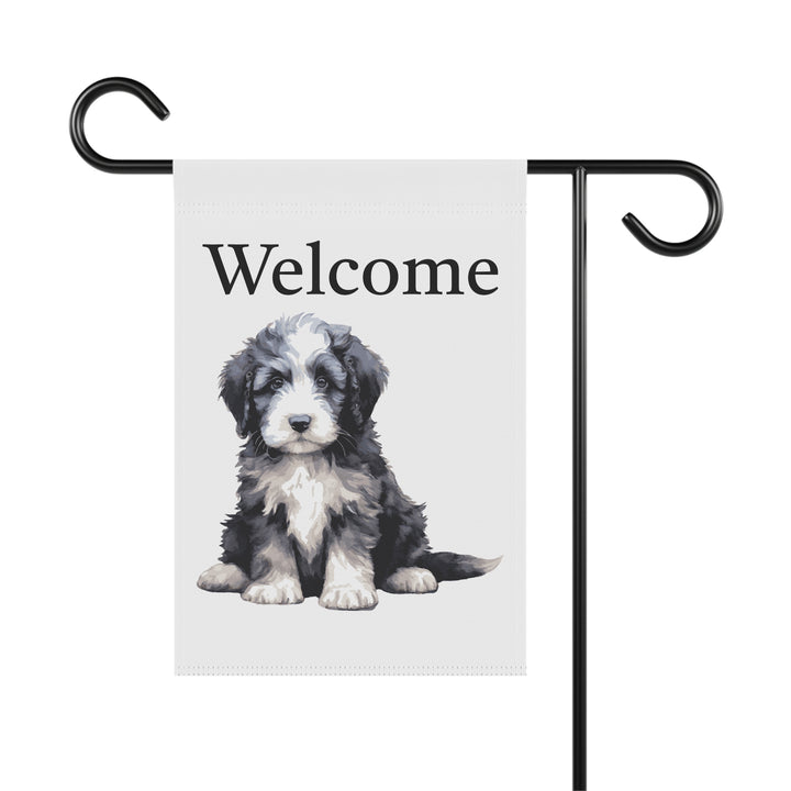 Sheepie Puppy - Garden Banner Flag - Cute Watercolor Dog themed - Sheepadoodle Old English Sheepdog