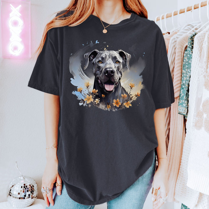 Great Dane Portrait T-shirt | Dog Face with Floral Accents