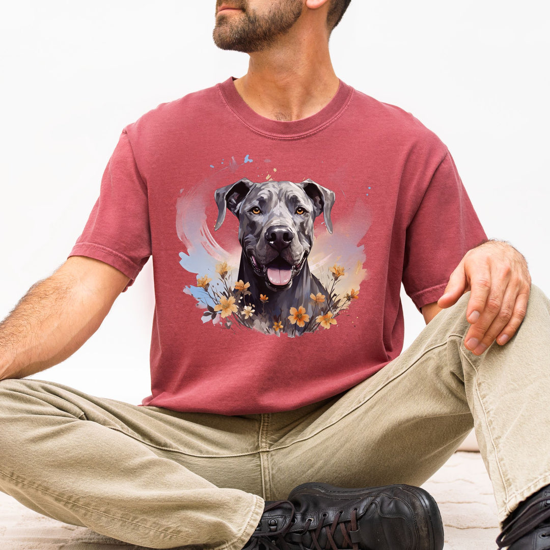 Great Dane Portrait T-shirt | Dog Face with Floral Accents