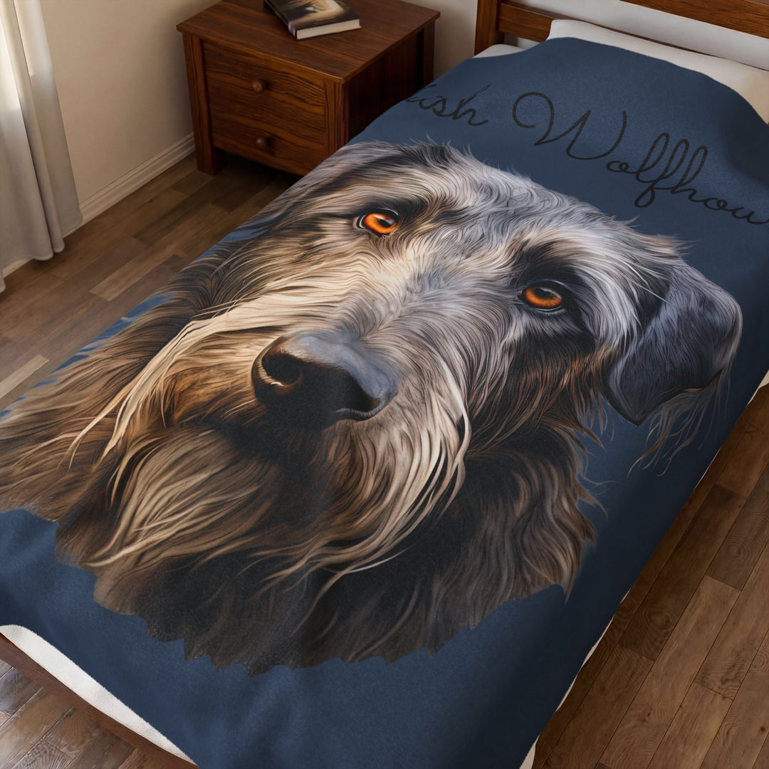 Irish Wolfhound Portrait Velveteen Plush Blanket | Gray Blue Background