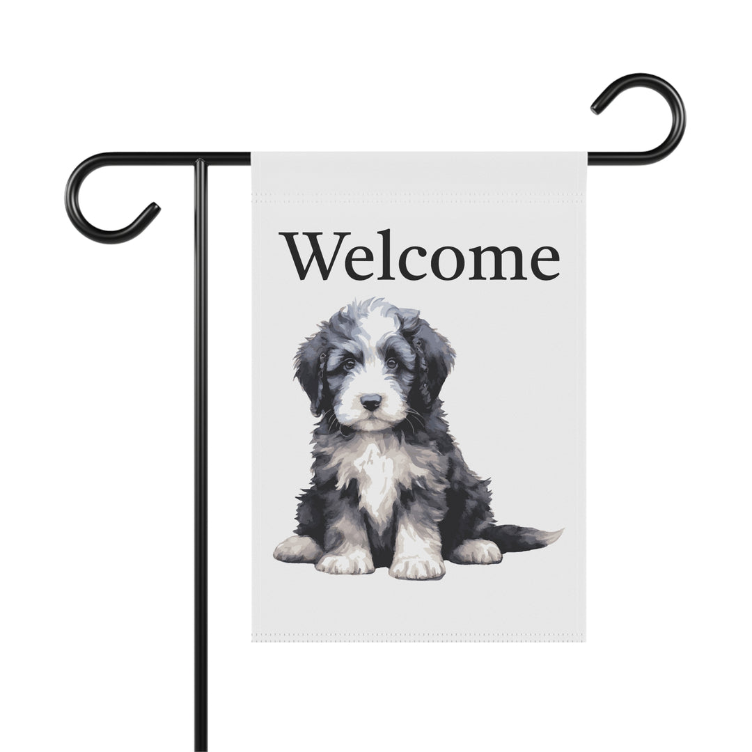 Sheepie Puppy - Garden Banner Flag - Cute Watercolor Dog themed - Sheepadoodle Old English Sheepdog