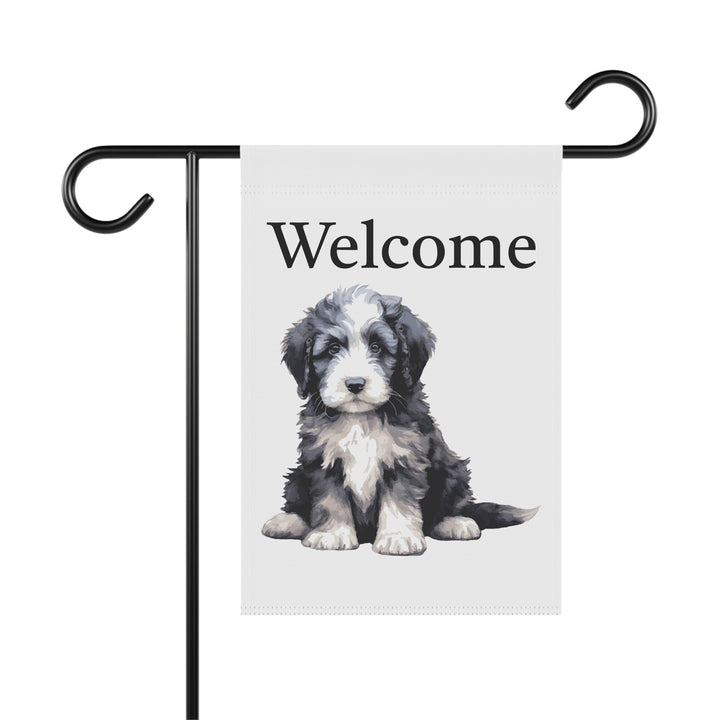Sheepie Puppy - Garden Banner Flag - Cute Watercolor Dog themed - Sheepadoodle Old English Sheepdog