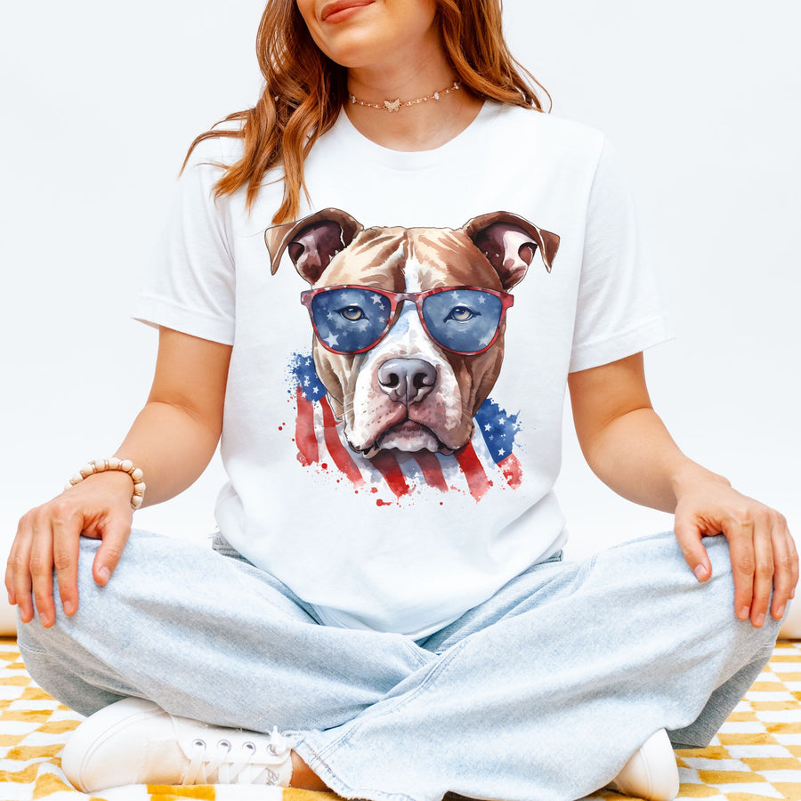 American Pit Bull Terrier with Flag Sunglasses T-Shirt | Patriotic Dog Tee - Embellish by Jackie - Handmade Greeting Cards