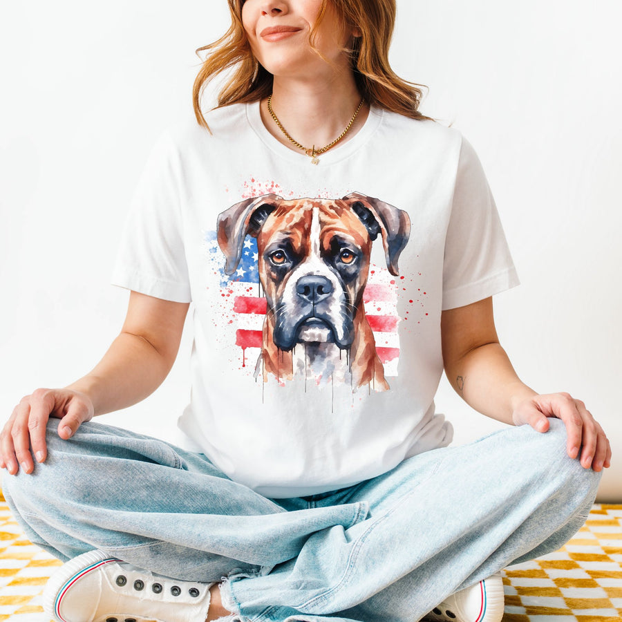Speckled American Flag Boxer Dog T-Shirt | Patriotic Pet Tee - Embellish by Jackie - Handmade Greeting Cards