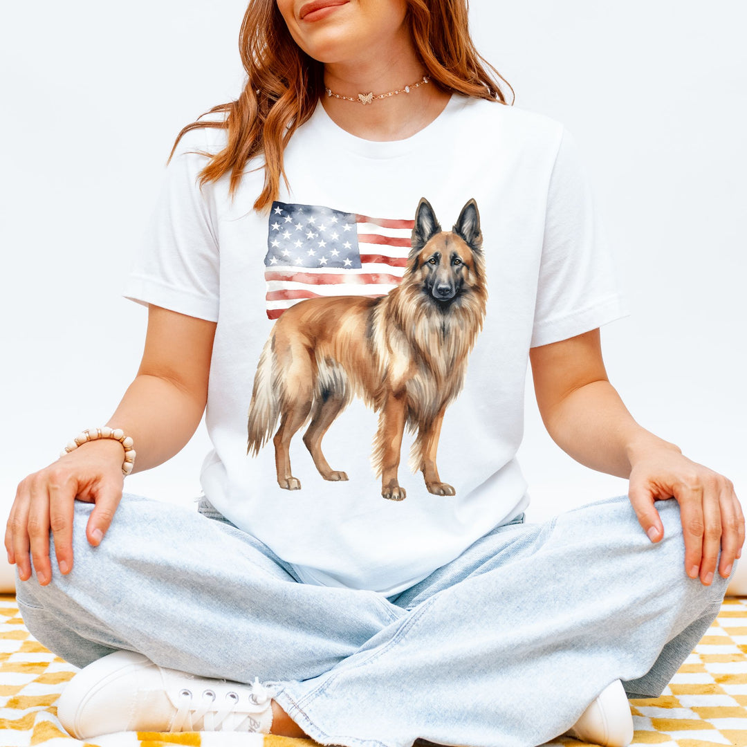 Belgian Tervuren with American Flag T-Shirt | Patriotic 4th of July Tee