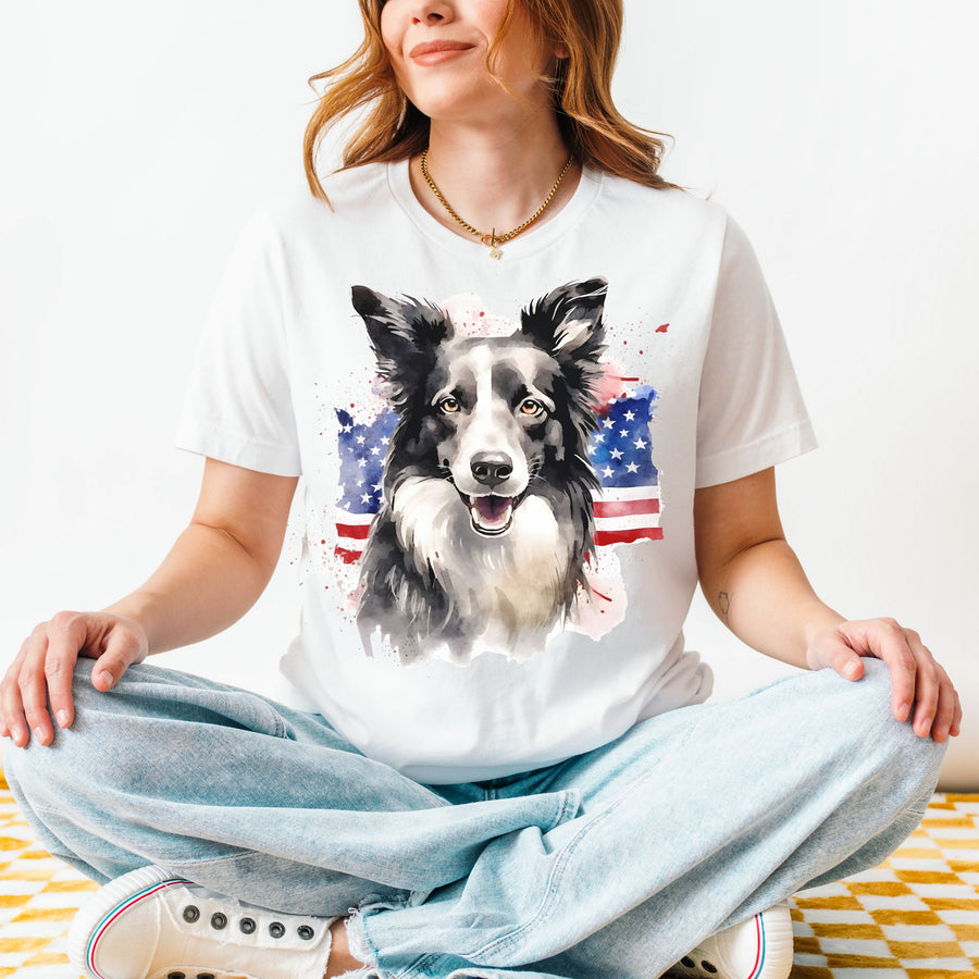 Border Collie Wearing American Flag Shirt T-Shirt | Patriotic Dog Tee - Embellish by Jackie - Handmade Greeting Cards