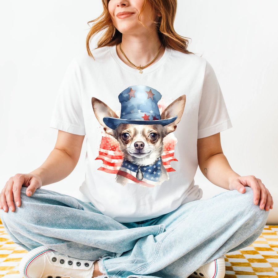 Patriotic Smooth Coat Chihuahua with American Flag Top Hat T-Shirt | Fourth of July Tee - Embellish by Jackie - Handmade Greeting Cards