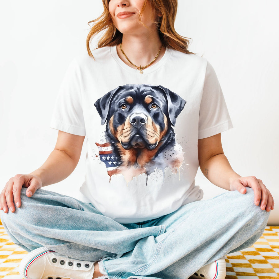 American Flag Rottweiler Watercolor T-Shirt | Dog Lover Tee - Embellish by Jackie - Handmade Greeting Cards