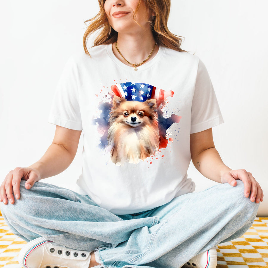 Light Brown Pomeranian Patriotic Background T-Shirt - Embellish by Jackie - Handmade Greeting Cards