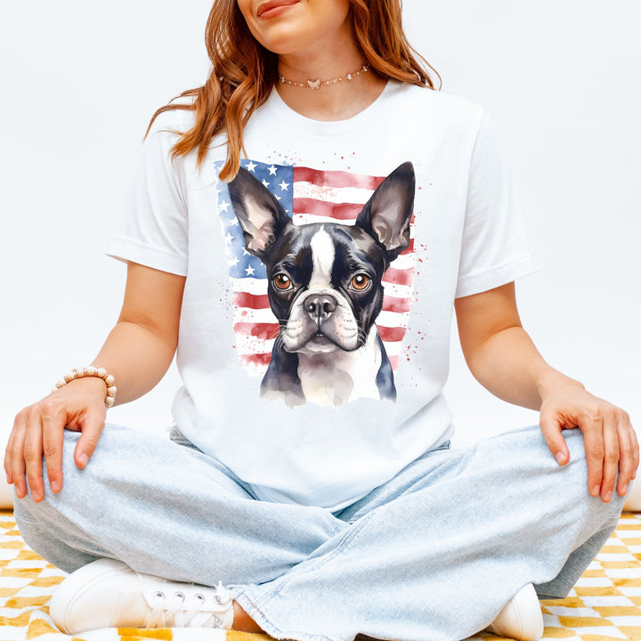 Boston Terrier with American Flag T-Shirt | Patriotic Dog Tee - Embellish by Jackie - Handmade Greeting Cards