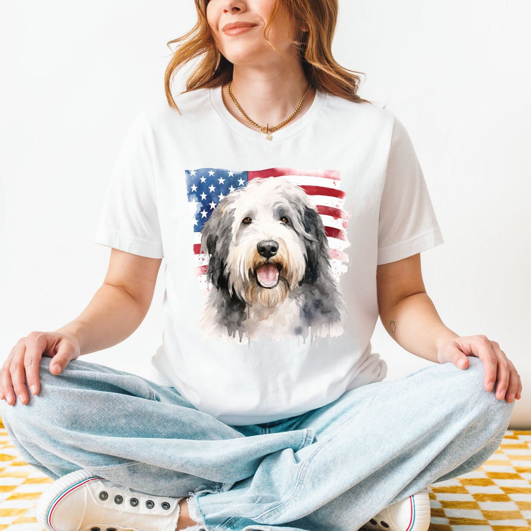 Old English Sheepdog American Flag T-Shirt | Dog Portrait Tee