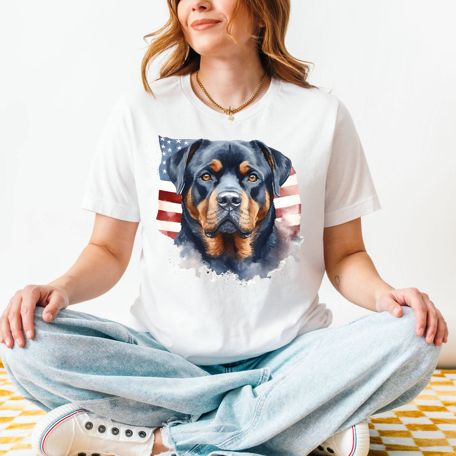 Rottweiler with American Flag T-Shirt | Patriotic Dog Tee - Embellish by Jackie - Handmade Greeting Cards