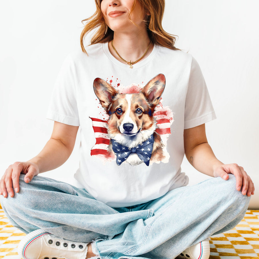 Pembroke Welsh Corgi with American Flag Stars Bowtie T-Shirt | Patriotic Corgi Tee - Embellish by Jackie - Handmade Greeting Cards