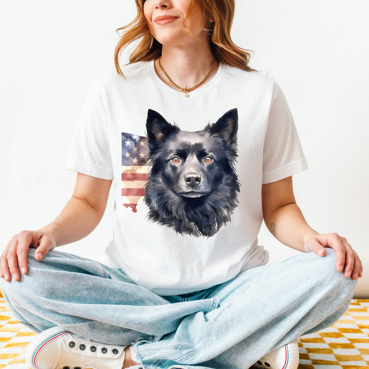 Black Schipperke Dog with Aged American Flag T-Shirt | Patriotic Dog Tee - Embellish by Jackie - Handmade Greeting Cards