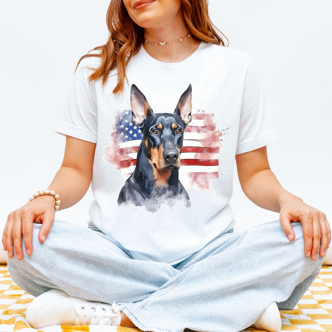 Doberman Pinscher American Flag 4th of July T-Shirt | Patriotic Dog Tee