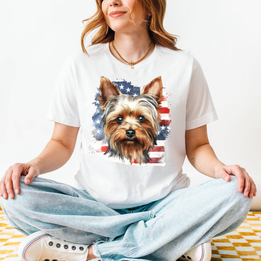 Yorkshire Terrier with American Flag T-Shirt | Patriotic Yorkie Tee - Embellish by Jackie - Handmade Greeting Cards