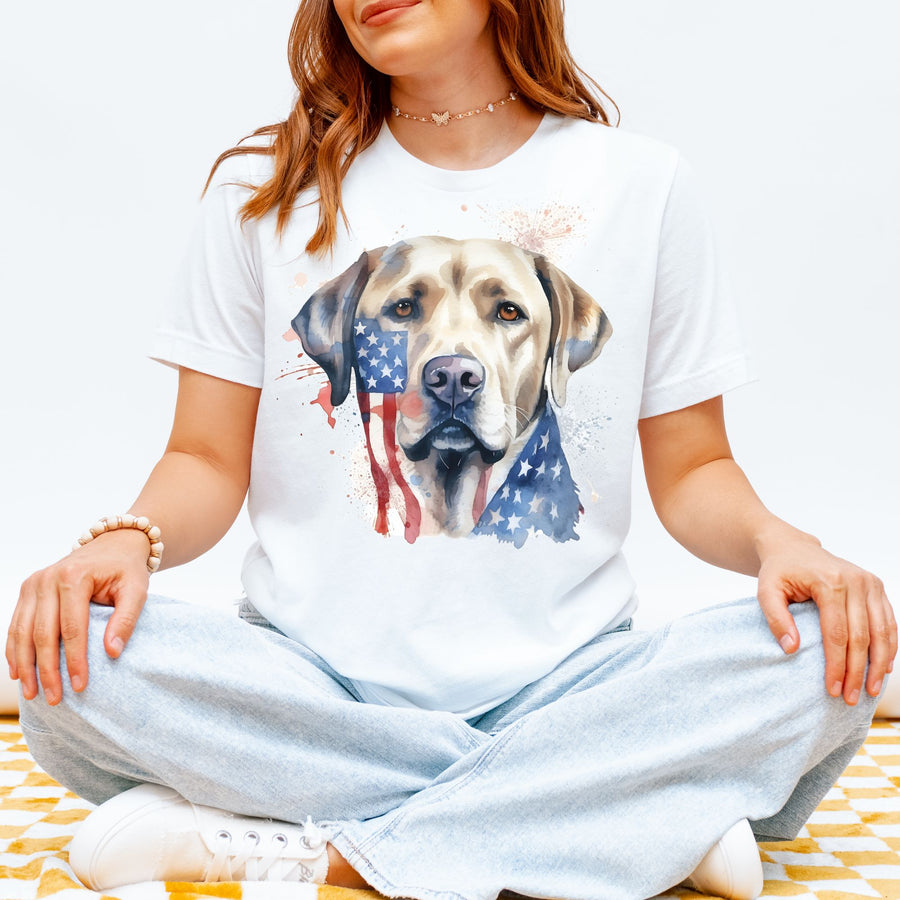 Yellow Labrador Retriever Wearing American Flag Tee T-Shirt | Dog Lover Tee - Embellish by Jackie - Handmade Greeting Cards
