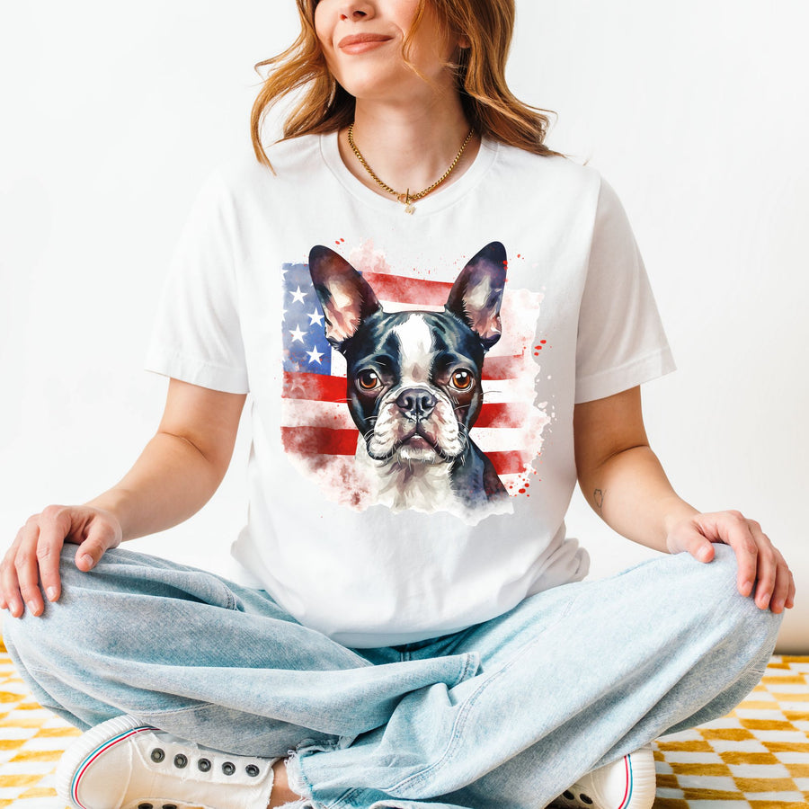 Boston Terrier over Distressed American Flag Tee | Patriotic Dog Shirt - Embellish by Jackie - Handmade Greeting Cards