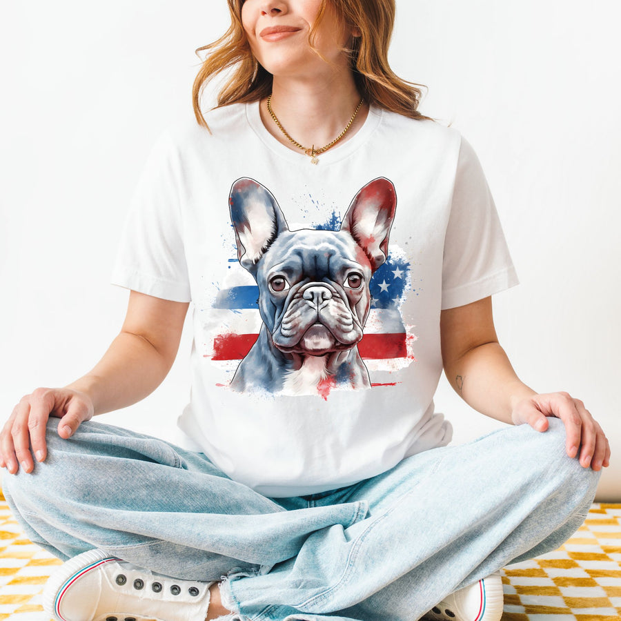 Patriotic French Bulldog T-Shirt | Dark Bulldog with Red White and Blue Design - Embellish by Jackie - Handmade Greeting Cards