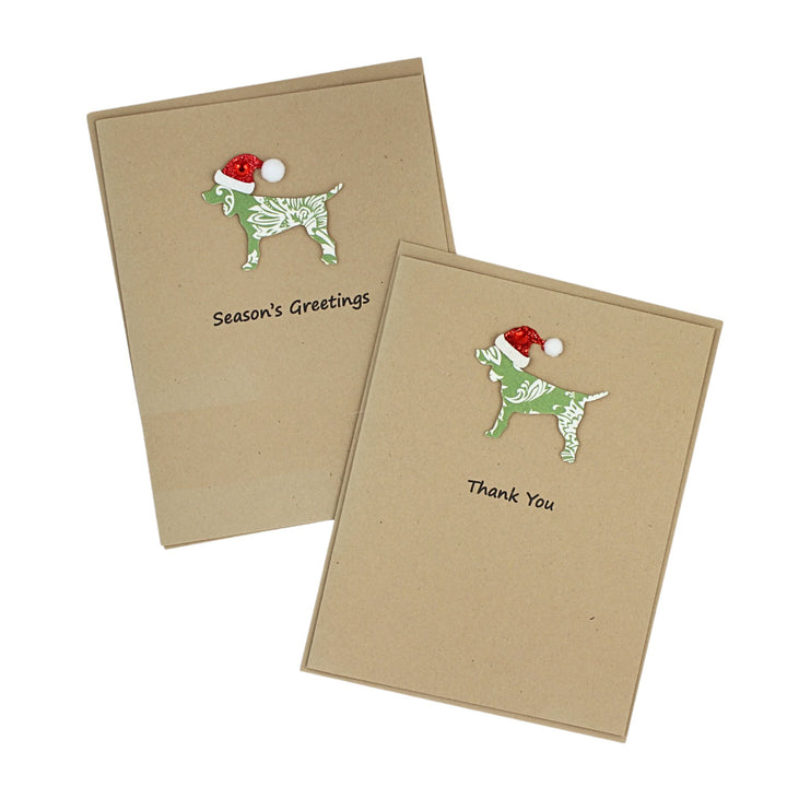 Dog Christmas Cards Single Green Damask Generic Dog with Santa Hat
