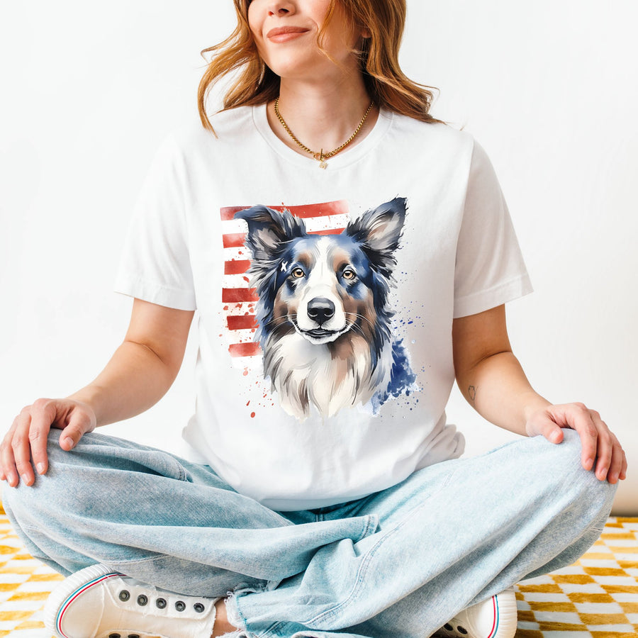 Border Collie with American Flag T-Shirt | Patriotic Dog Tee - Embellish by Jackie - Handmade Greeting Cards